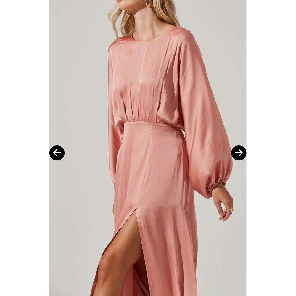 Blush Satin Midi Dress in Rose Blush with Balloon Sleeves - Picture 3 of 16